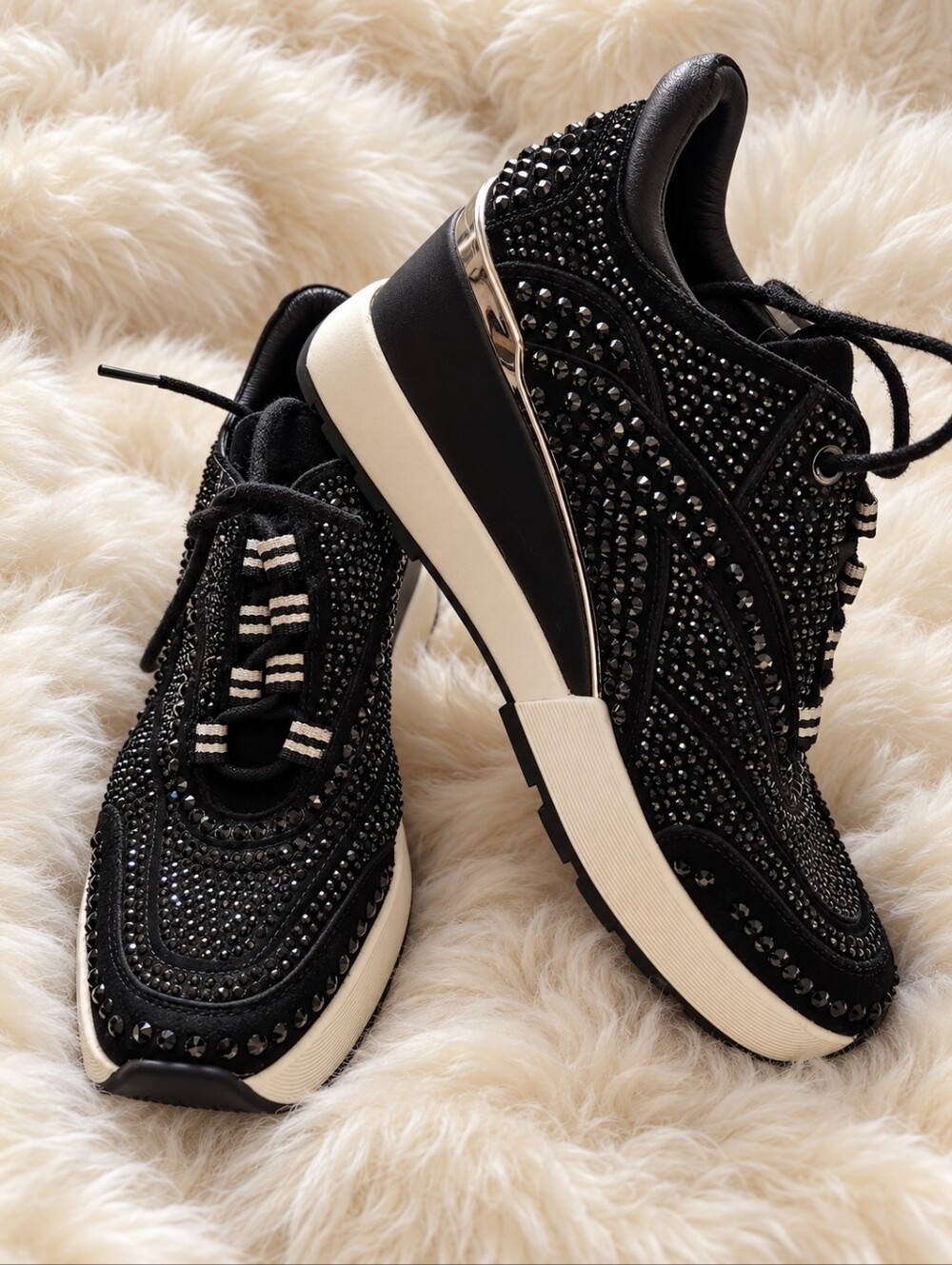 The WISHBONE COLLECTION Black Crystal Embellished Platform Sneakers Size 9W